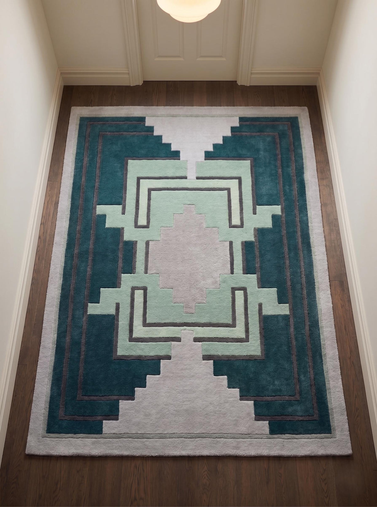 Teal Aztec Geometric Wool Runner – Hand Tufted Hallway Runner Rug – image 3
