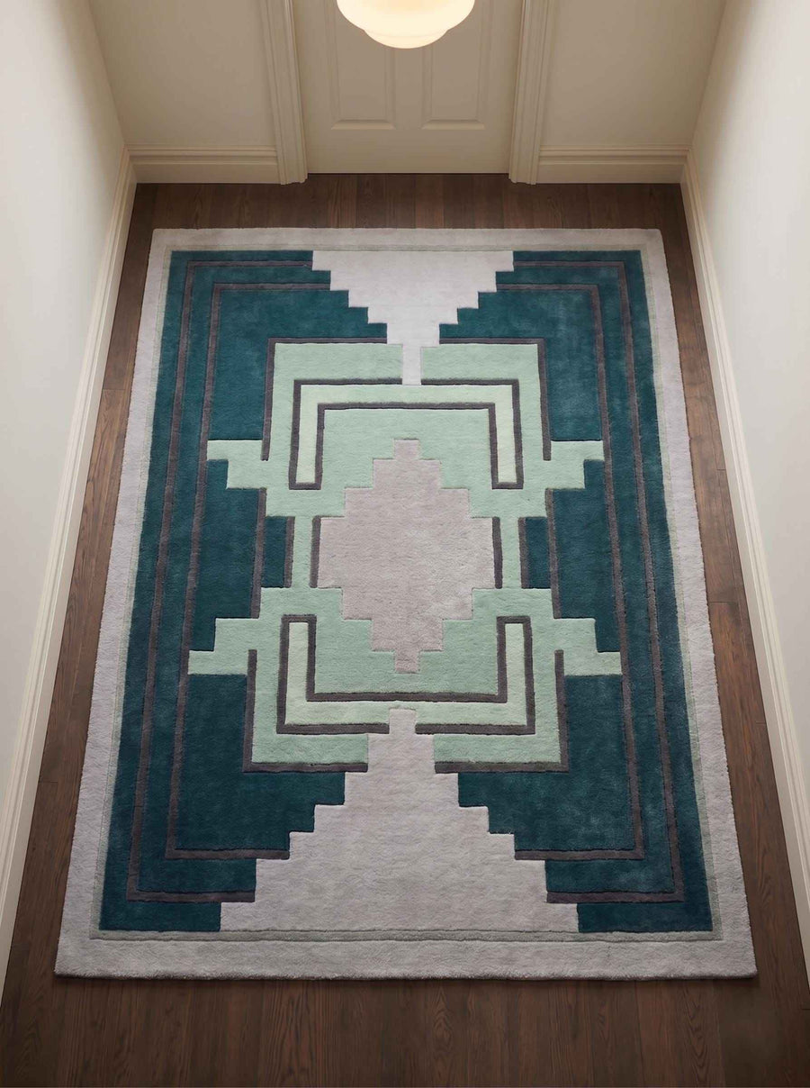 Teal Aztec Geometric Wool Runner – Hand Tufted Hallway Runner Rug