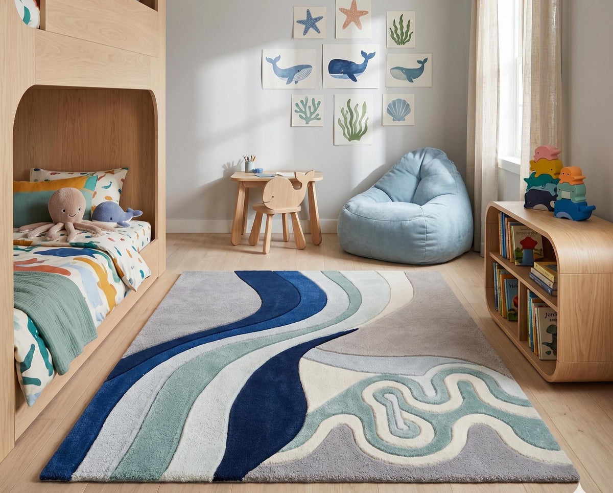 Deep Blue Abstract Wave Wool Rug – Hand Tufted Coastal Designer Rug – image 4
