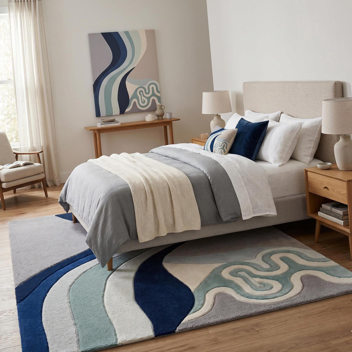 Deep Blue Abstract Wave Wool Rug – Hand Tufted Coastal Designer Rug – image 3