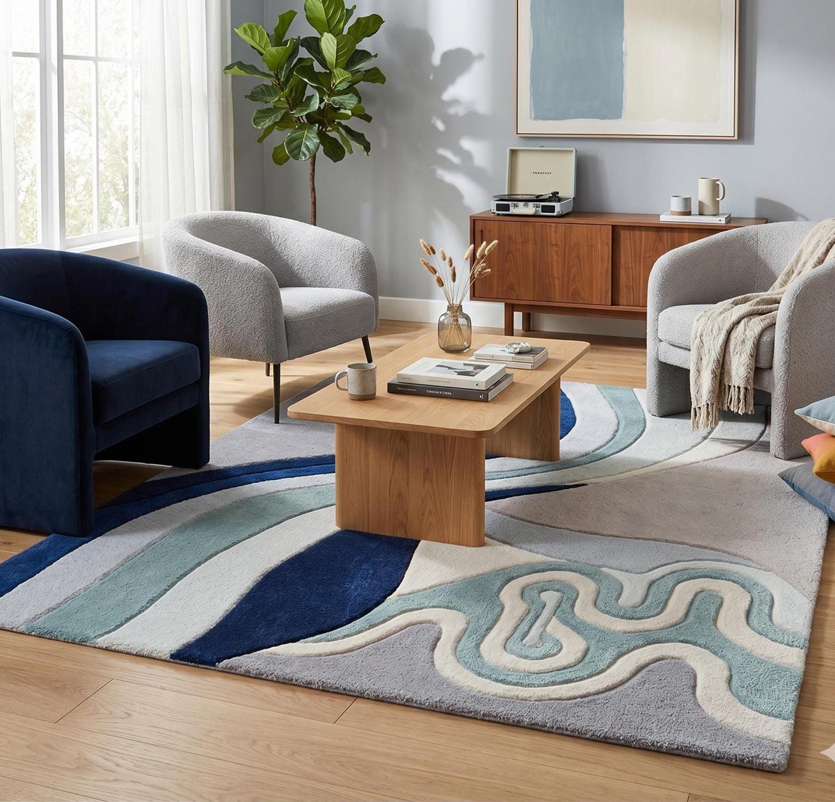 Deep Blue Abstract Wave Wool Rug – Hand Tufted Coastal Designer Rug – image 6