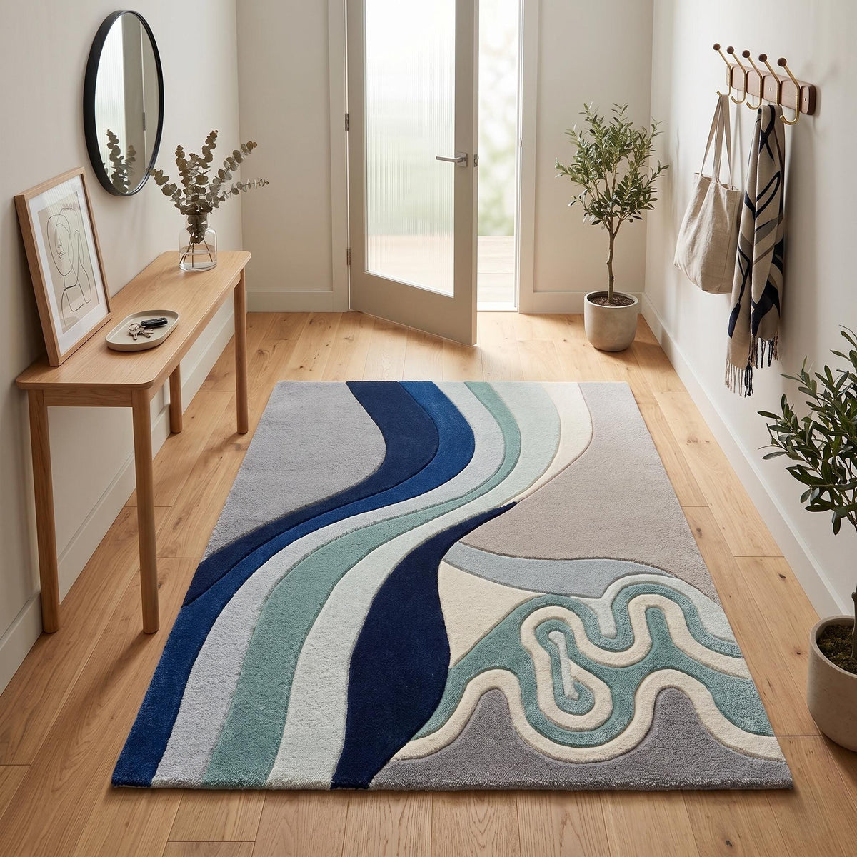 Deep Blue Abstract Wave Wool Rug – Hand Tufted Coastal Designer Rug – image 1