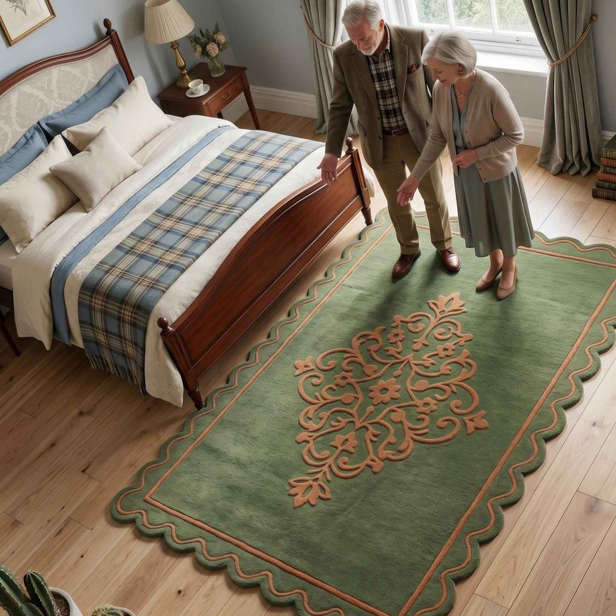 Green Botanical Border Wool Rug – Hand Tufted Nature Inspired Rug