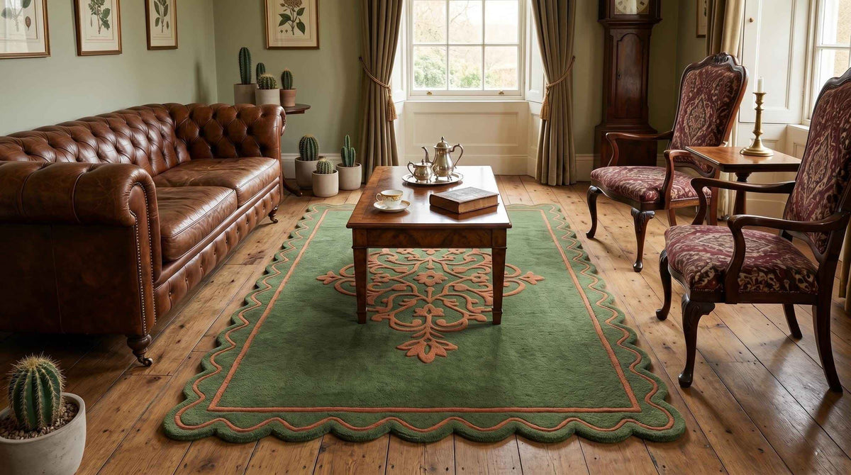 Green Botanical Border Wool Rug – Hand Tufted Nature Inspired Rug