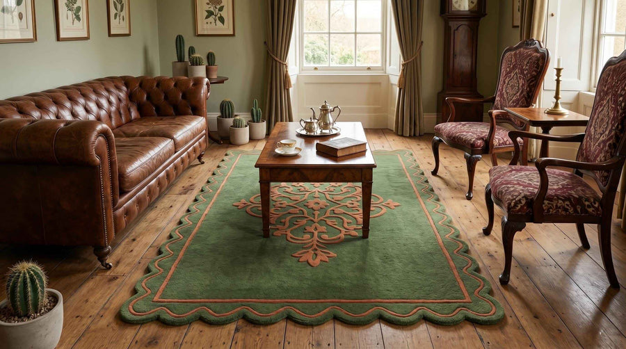 Green Botanical Border Wool Rug – Hand Tufted Nature Inspired Rug
