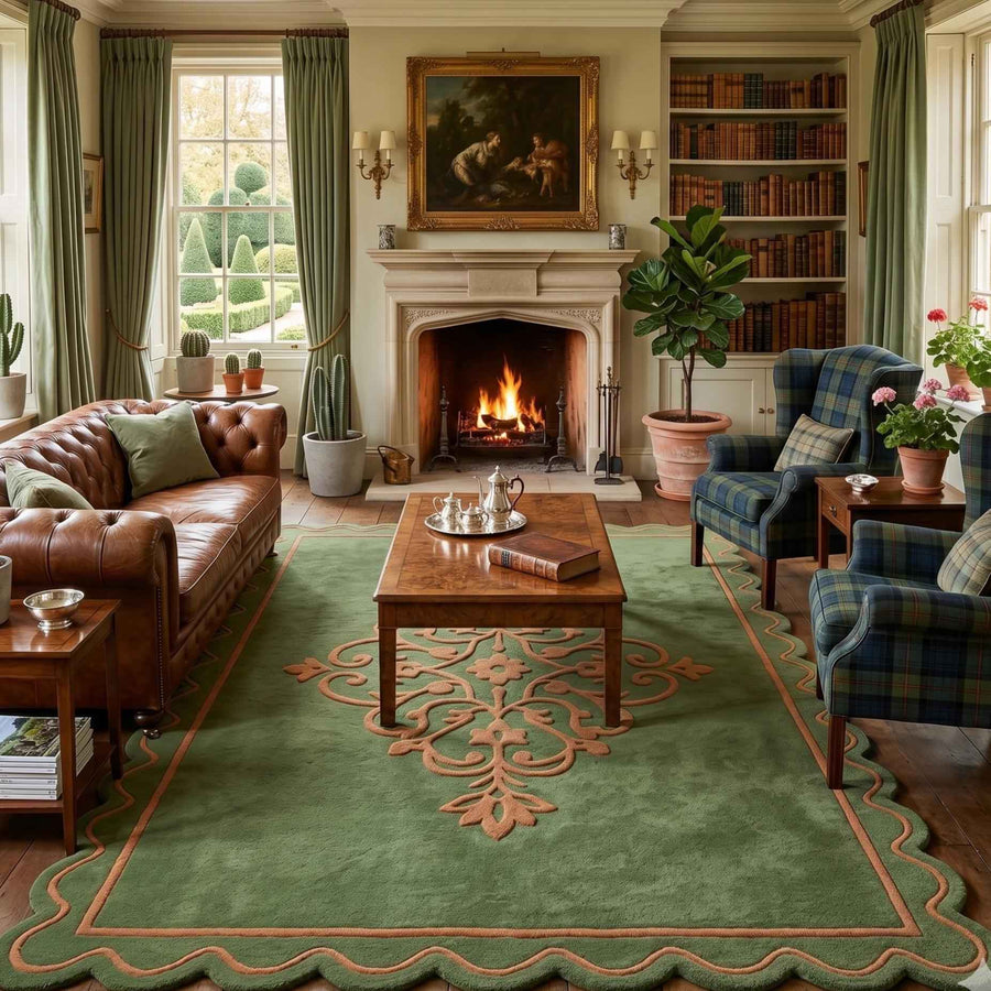 Green Botanical Border Wool Rug – Hand Tufted Nature Inspired Rug