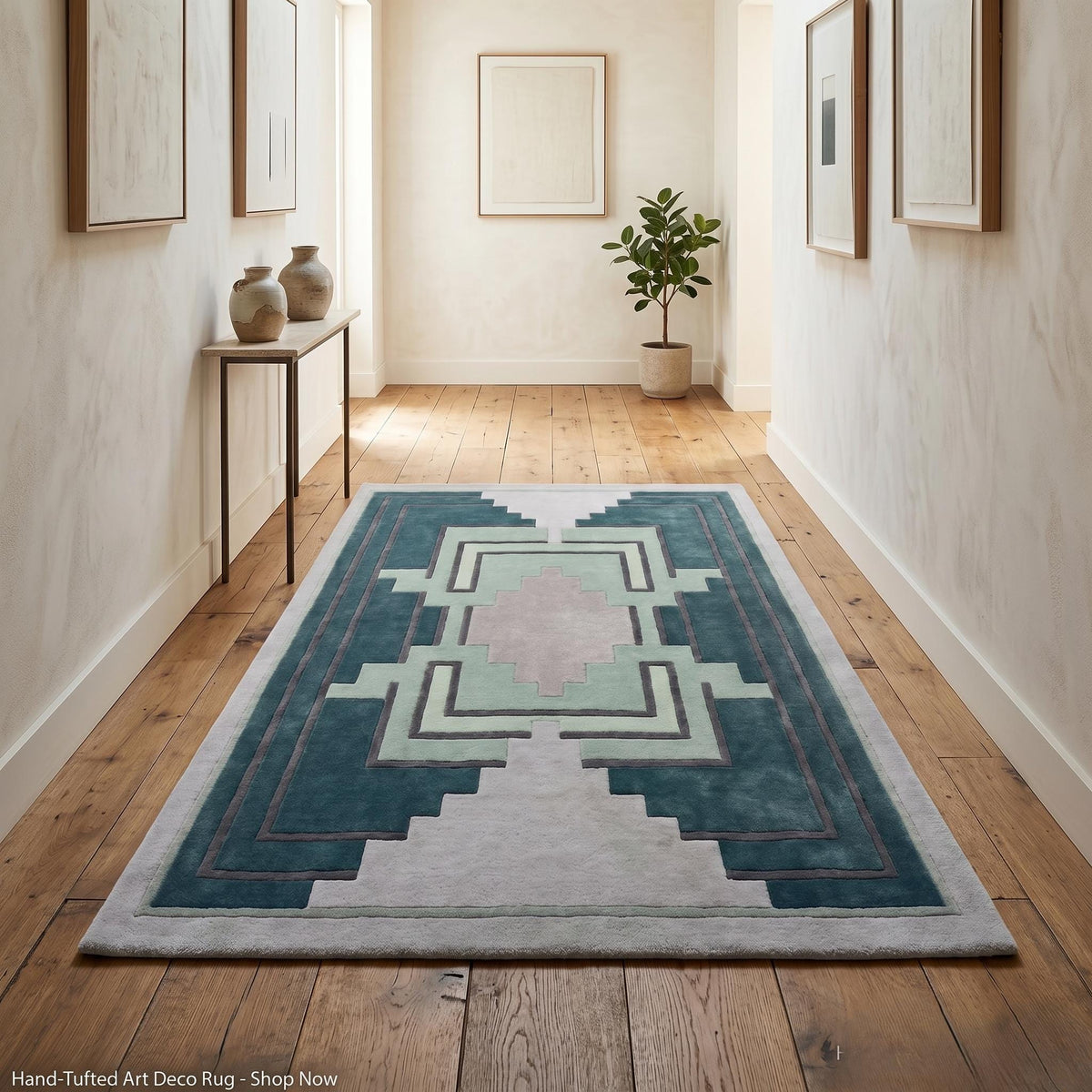 Teal Aztec Geometric Wool Runner – Hand Tufted Hallway Runner Rug – image 2