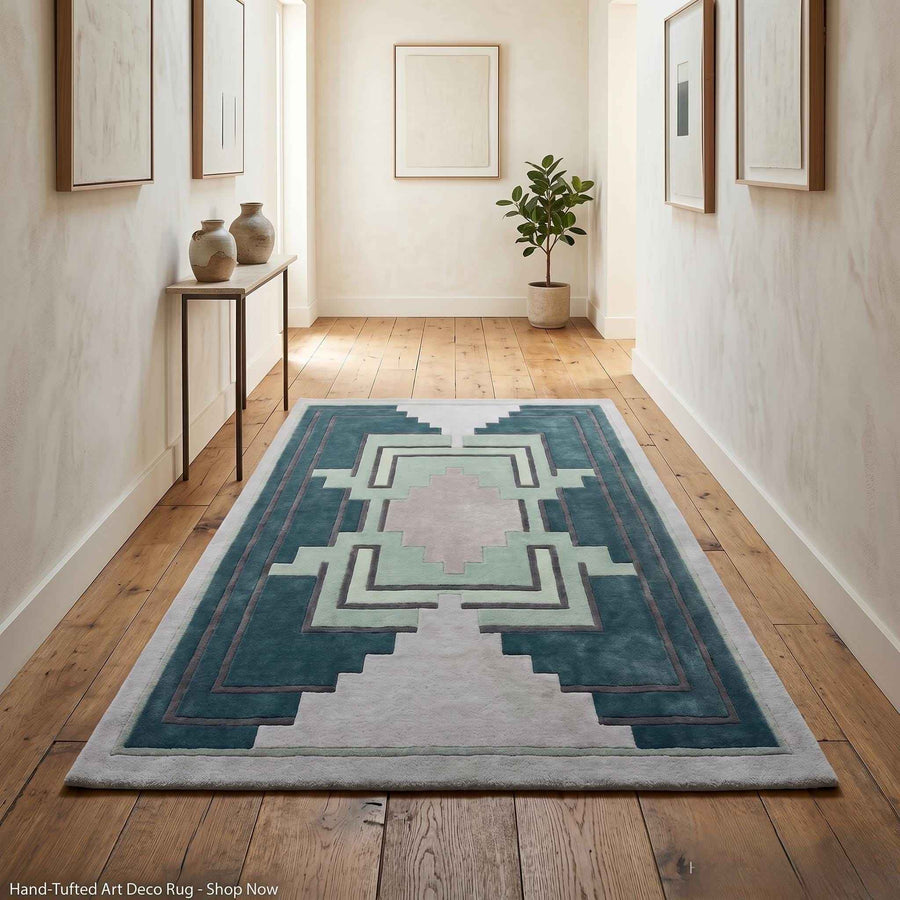 Teal Aztec Geometric Wool Runner – Hand Tufted Hallway Runner Rug