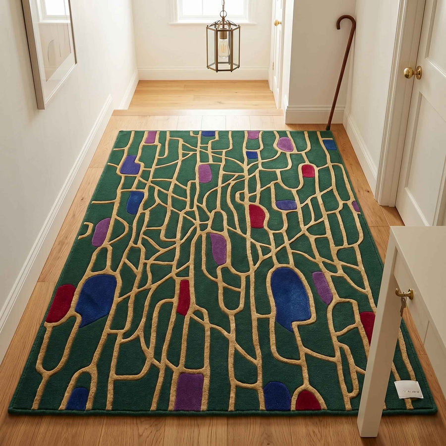 Emerald Green and Gold Geometric Rug – Hand Tufted Abstract Wool Rug
