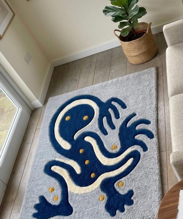 Blue Abstract Frog Wool Rug – Hand Tufted Sculpted Statement Rug – image 6