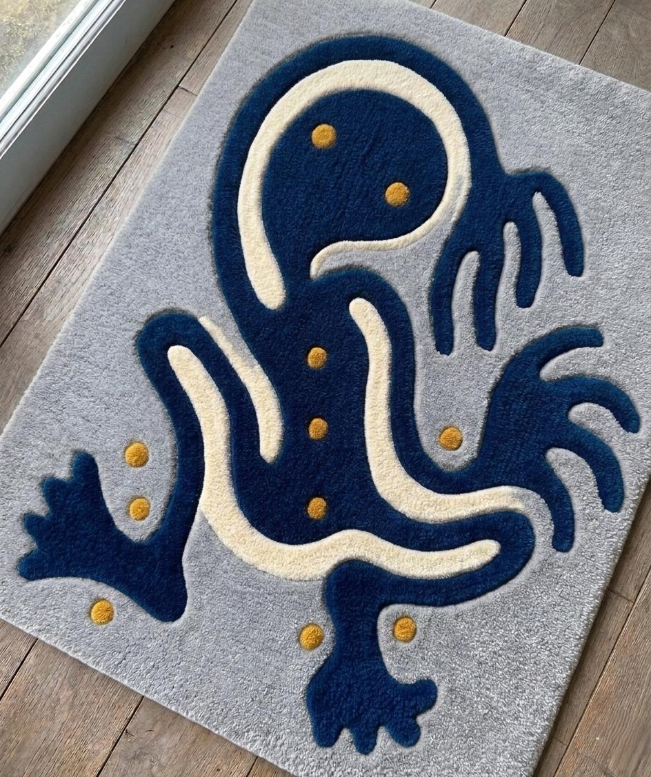 Blue Abstract Frog Wool Rug – Hand Tufted Sculpted Statement Rug – image 1