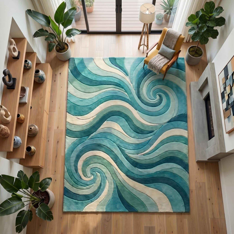 Blue Green Abstract Wave Wool Rug – Hand Tufted Coastal Rug