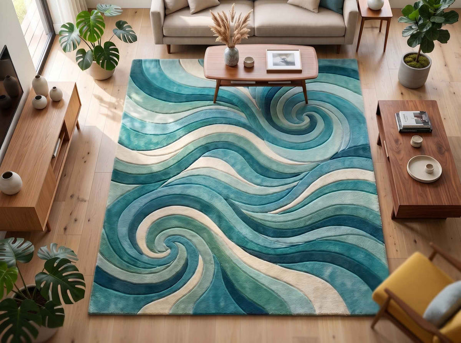Blue Green Abstract Wave Wool Rug – Hand Tufted Coastal Rug