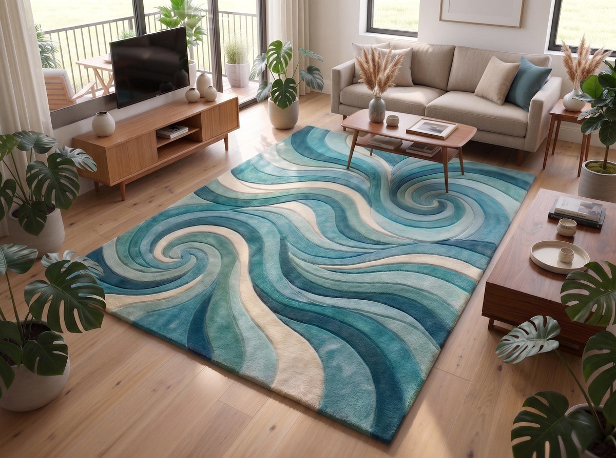 Blue Green Abstract Wave Wool Rug – Hand Tufted Coastal Rug – image 2
