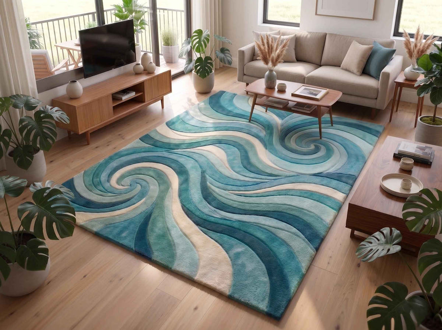 Blue Green Abstract Wave Wool Rug – Hand Tufted Coastal Rug