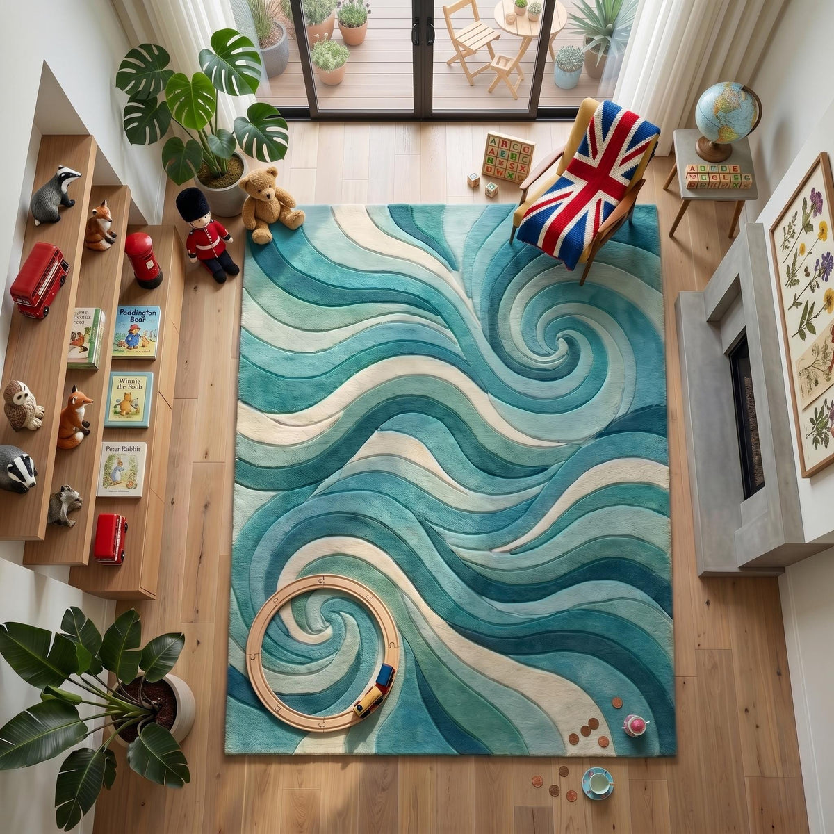 Blue Green Abstract Wave Wool Rug – Hand Tufted Coastal Rug – image 4
