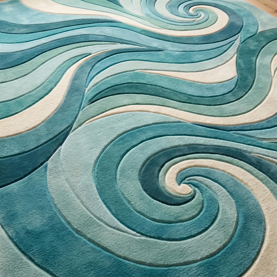 Blue Green Abstract Wave Wool Rug – Hand Tufted Coastal Rug – image 5
