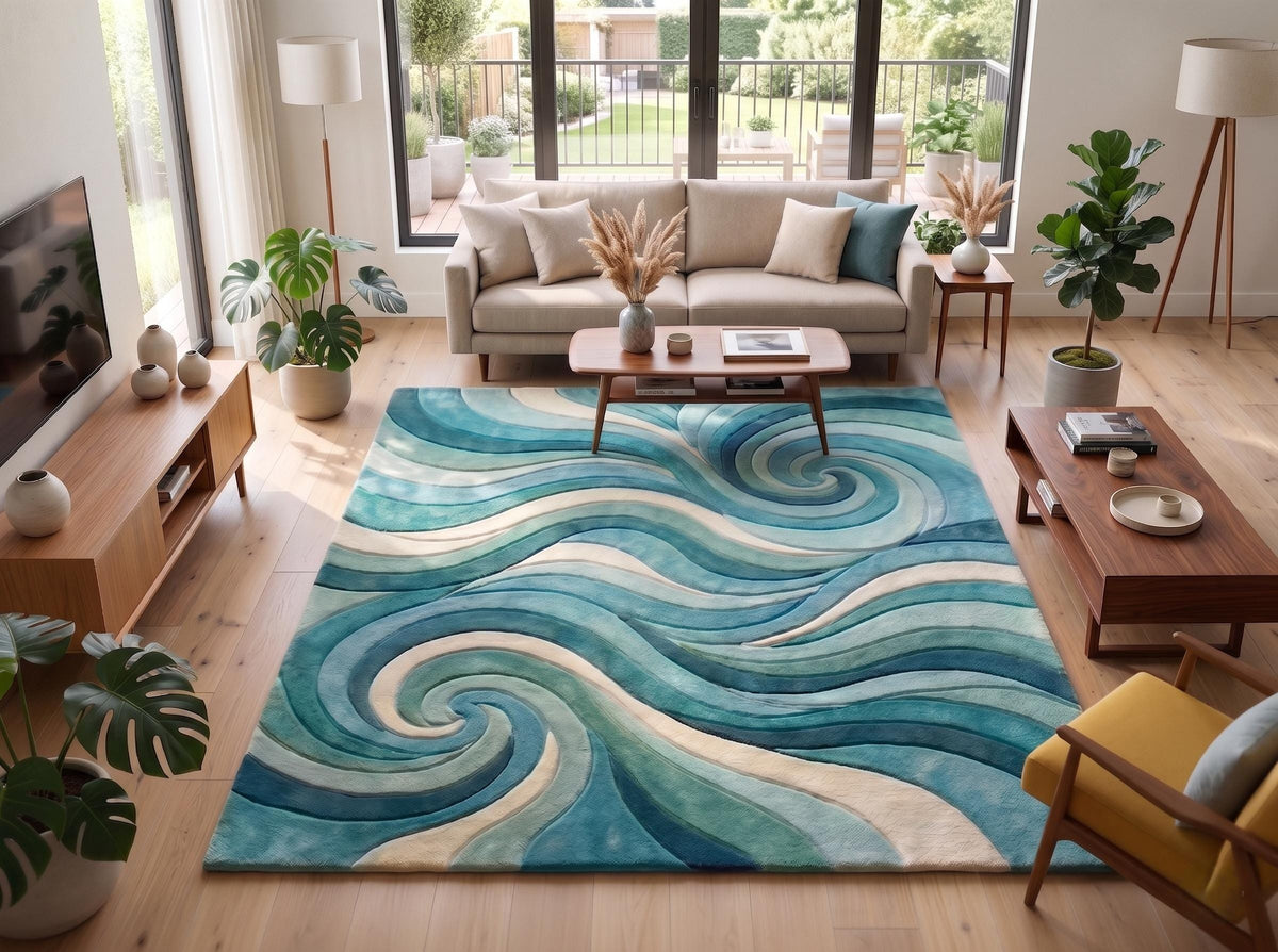 Blue Green Abstract Wave Wool Rug – Hand Tufted Coastal Rug – image 8