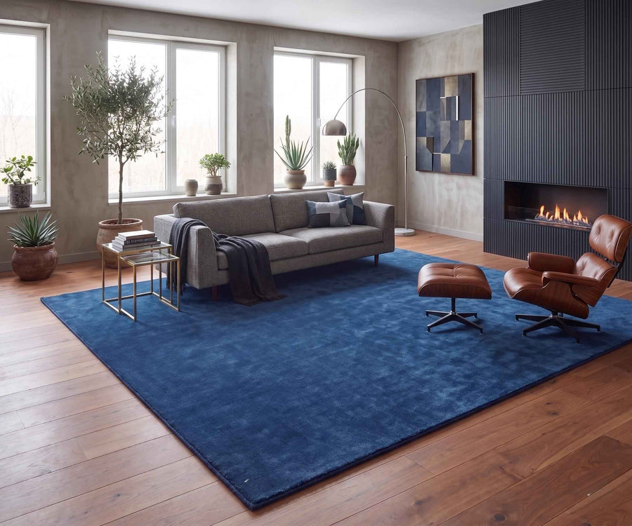 Navy Blue Minimalist Wool Rug – Hand Tufted Textured Living Room Rug