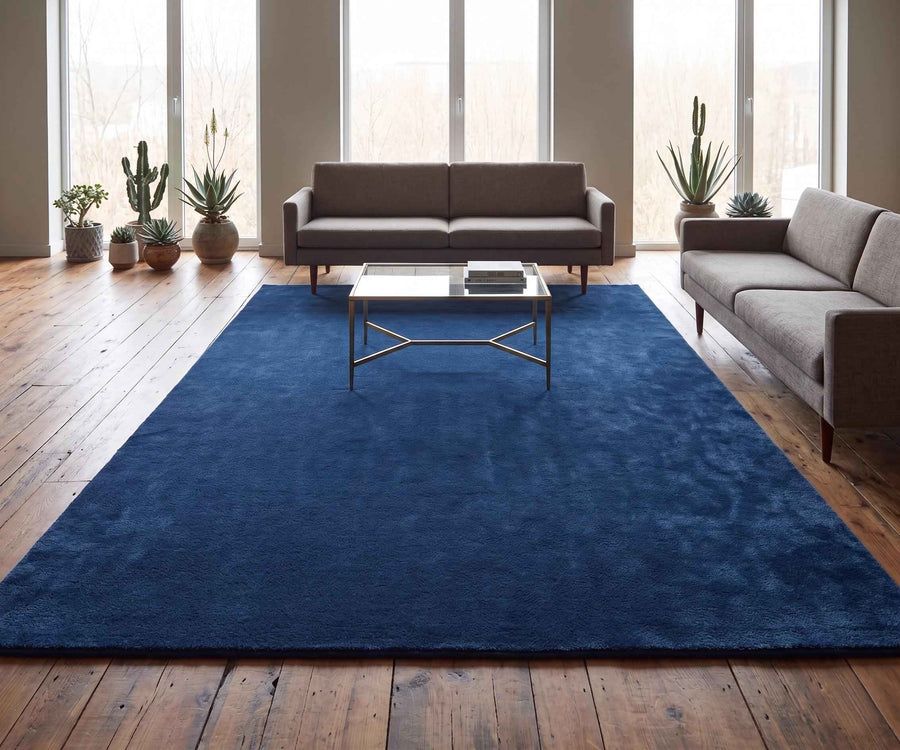 Navy Blue Minimalist Wool Rug – Hand Tufted Textured Living Room Rug