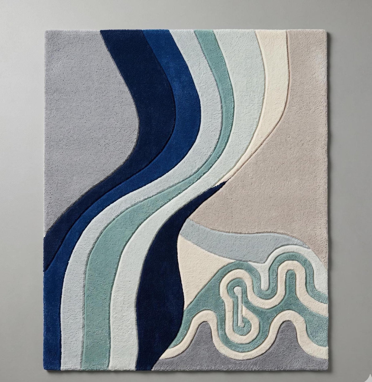 Deep Blue Abstract Wave Wool Rug – Hand Tufted Coastal Designer Rug – image 5