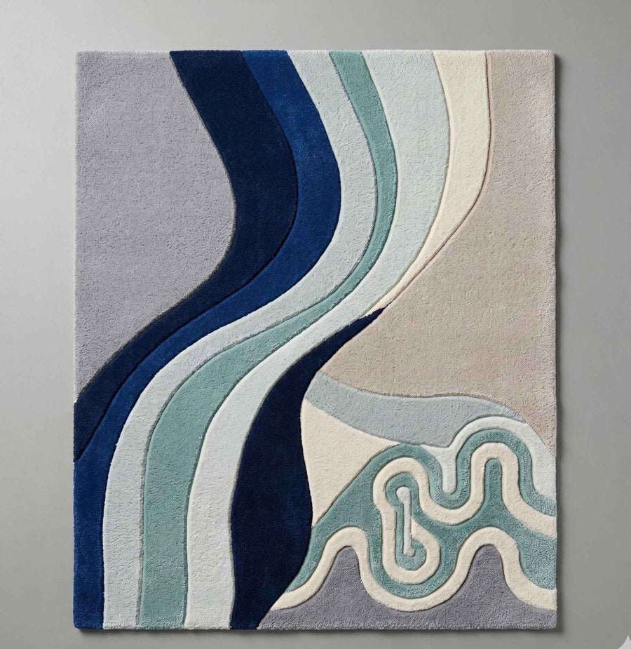 Deep Blue Abstract Wave Wool Rug – Hand Tufted Coastal Designer Rug