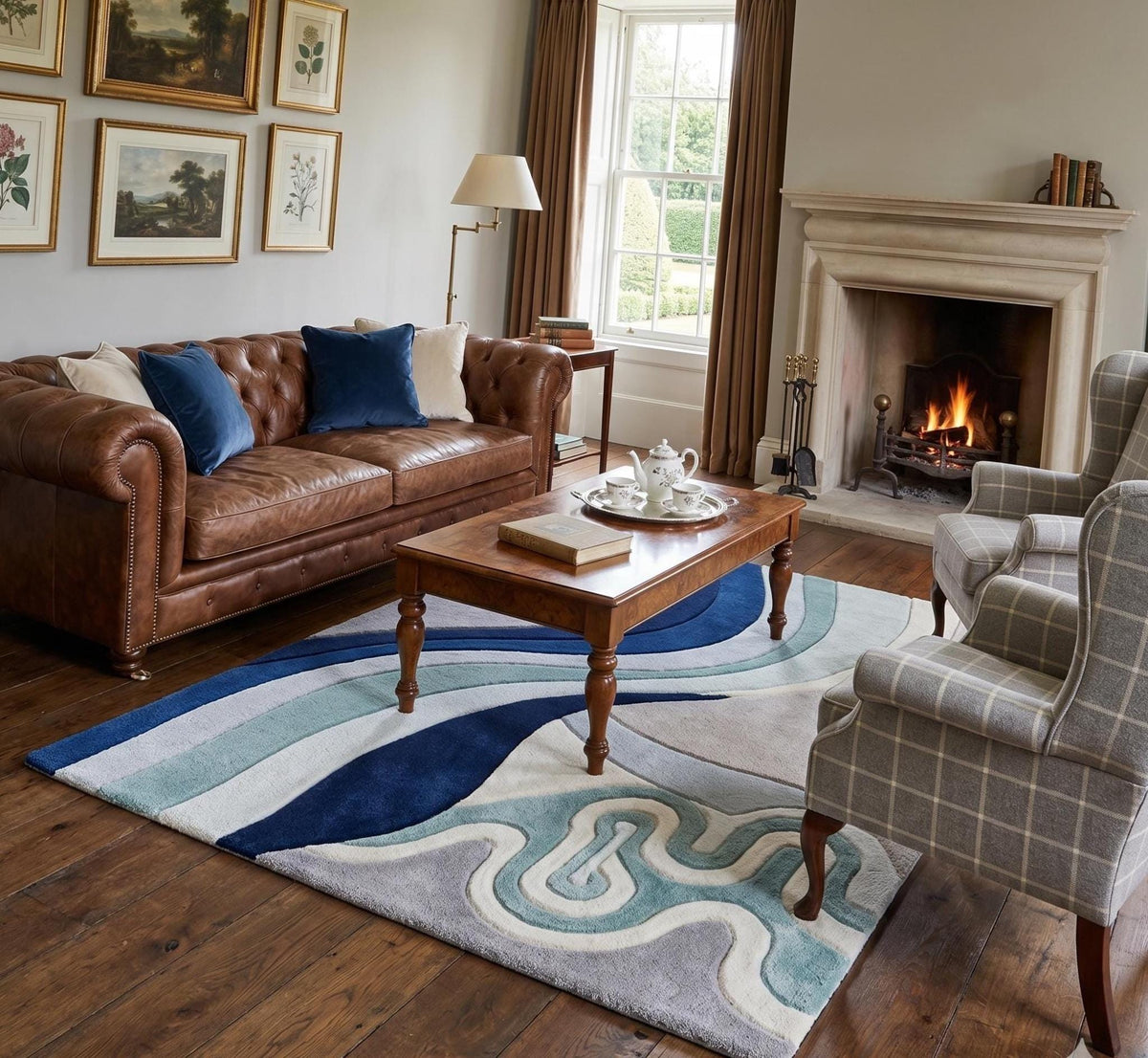 Deep Blue Abstract Wave Wool Rug – Hand Tufted Coastal Designer Rug – image 2