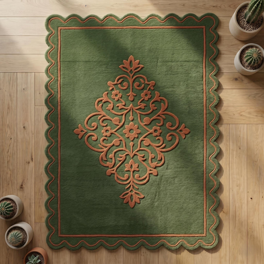 Green Botanical Border Wool Rug – Hand Tufted Nature Inspired Rug – image 5