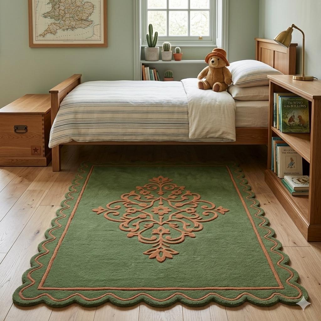 Green Botanical Border Wool Rug – Hand Tufted Nature Inspired Rug – image 6