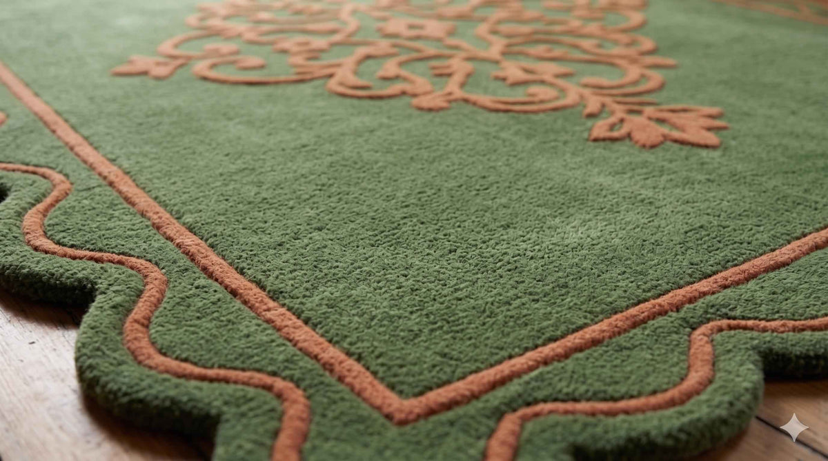 Green Botanical Border Wool Rug – Hand Tufted Nature Inspired Rug