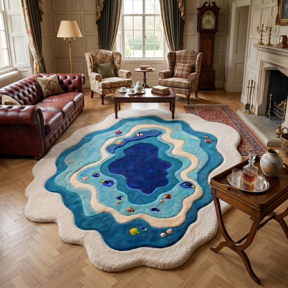 Blue Lagoon Fish Wool Rug – Hand Tufted Coastal Ocean Rug – image 6