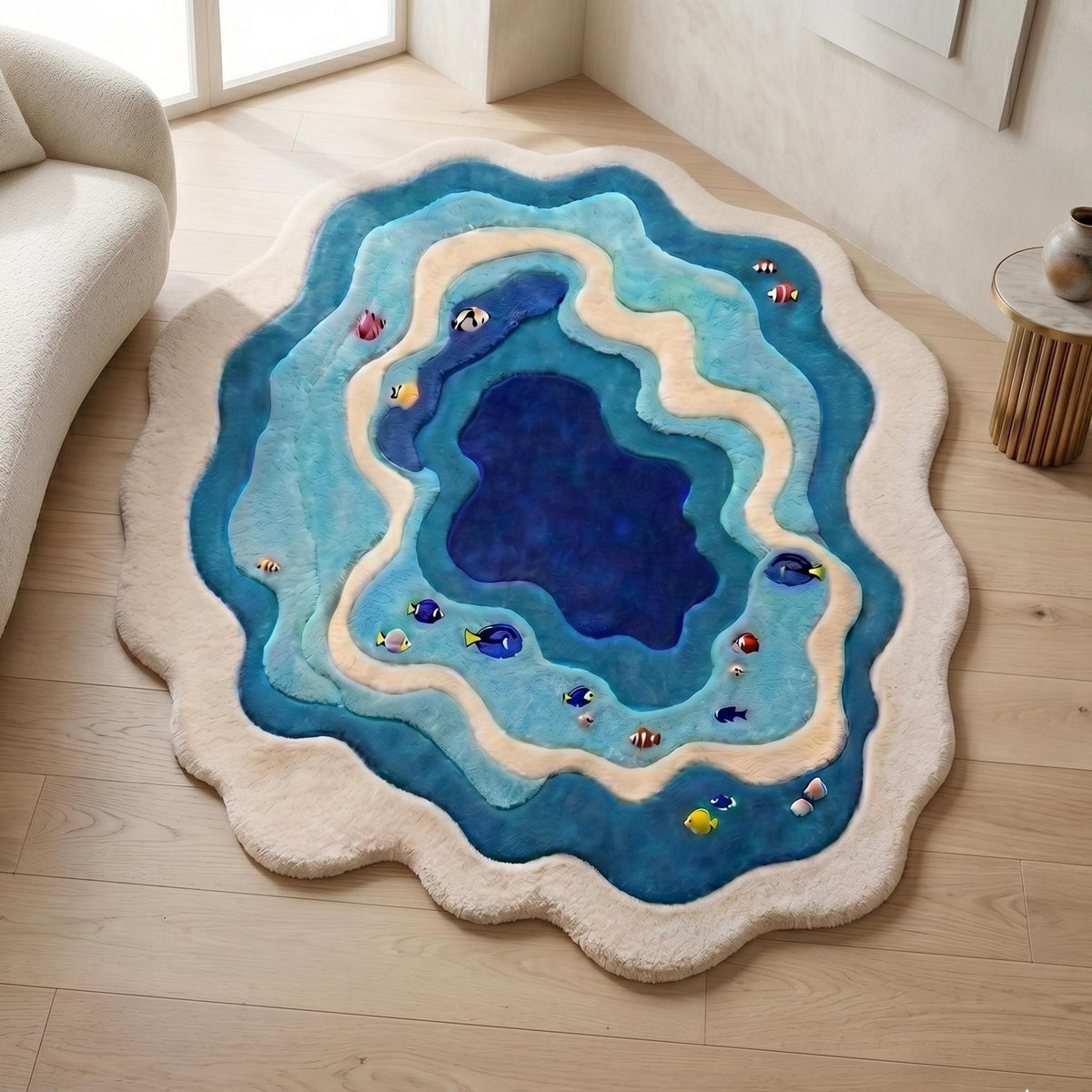 Blue Lagoon Fish Wool Rug – Hand Tufted Coastal Ocean Rug – image 7