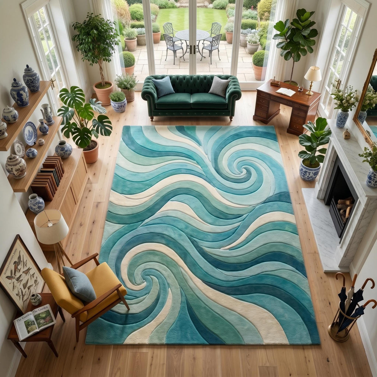 Blue Green Abstract Wave Wool Rug – Hand Tufted Coastal Rug – image 7