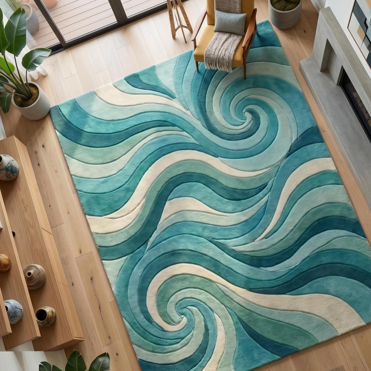 Blue Green Abstract Wave Wool Rug – Hand Tufted Coastal Rug – image 6