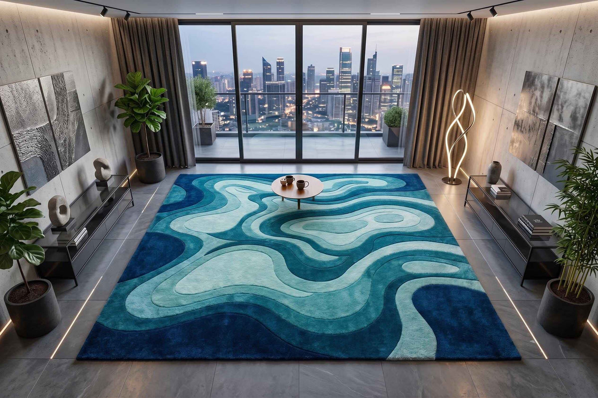 Navy and Teal Ocean Wave Wool Rug – Hand Tufted Coastal Area Rug