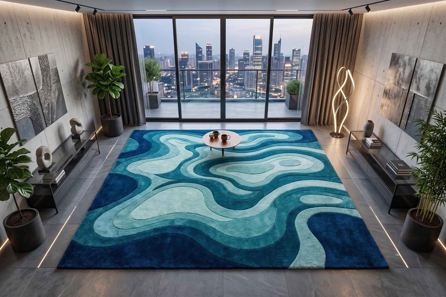 Navy and Teal Ocean Wave Wool Rug – Hand Tufted Coastal Area Rug