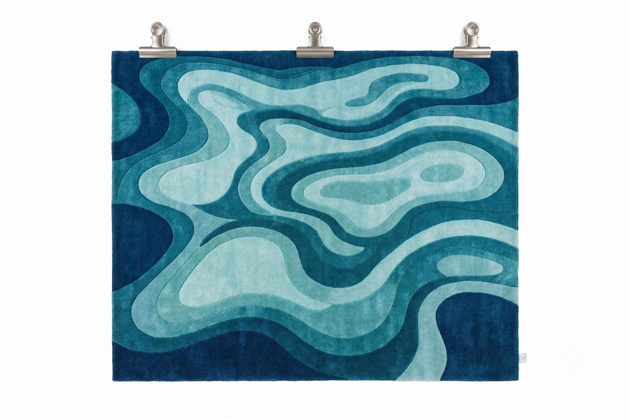 Navy and Teal Ocean Wave Wool Rug – Hand Tufted Coastal Area Rug