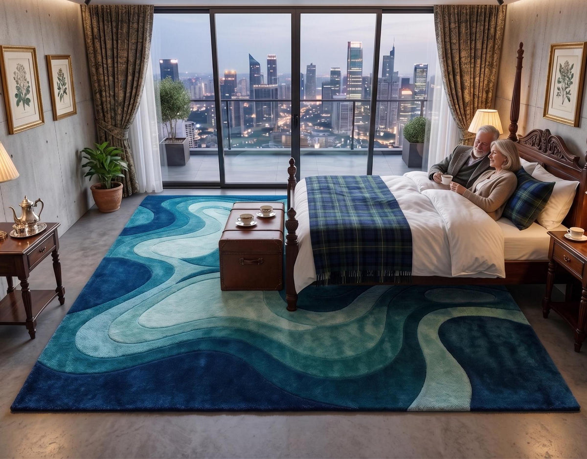 Navy and Teal Ocean Wave Wool Rug – Hand Tufted Coastal Area Rug – image 5