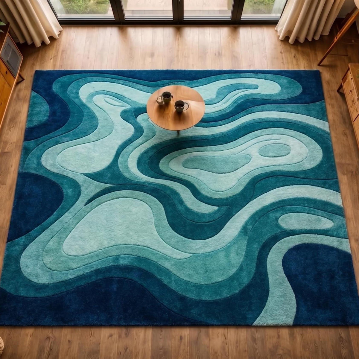 Navy and Teal Ocean Wave Wool Rug – Hand Tufted Coastal Area Rug – image 9