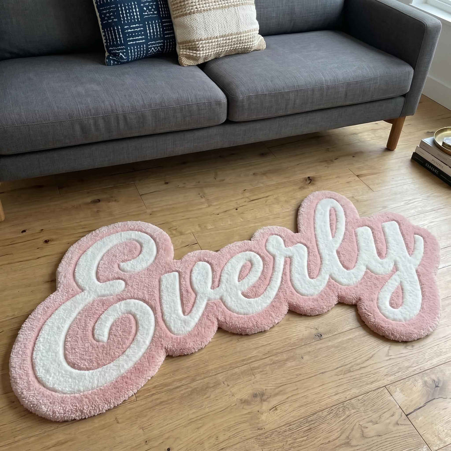 Pink Script Name Rug – Hand Tufted Personalised Nursery Wool Rug