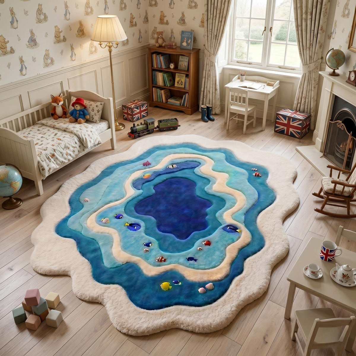 Blue Lagoon Fish Wool Rug – Hand Tufted Coastal Ocean Rug – image 3