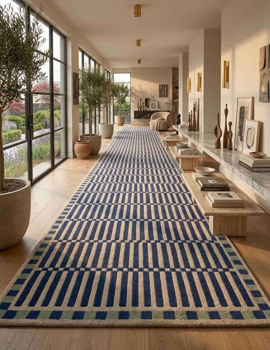 Blue Geometric Wool Rug – Hand Tufted Mid Century Modern Rug