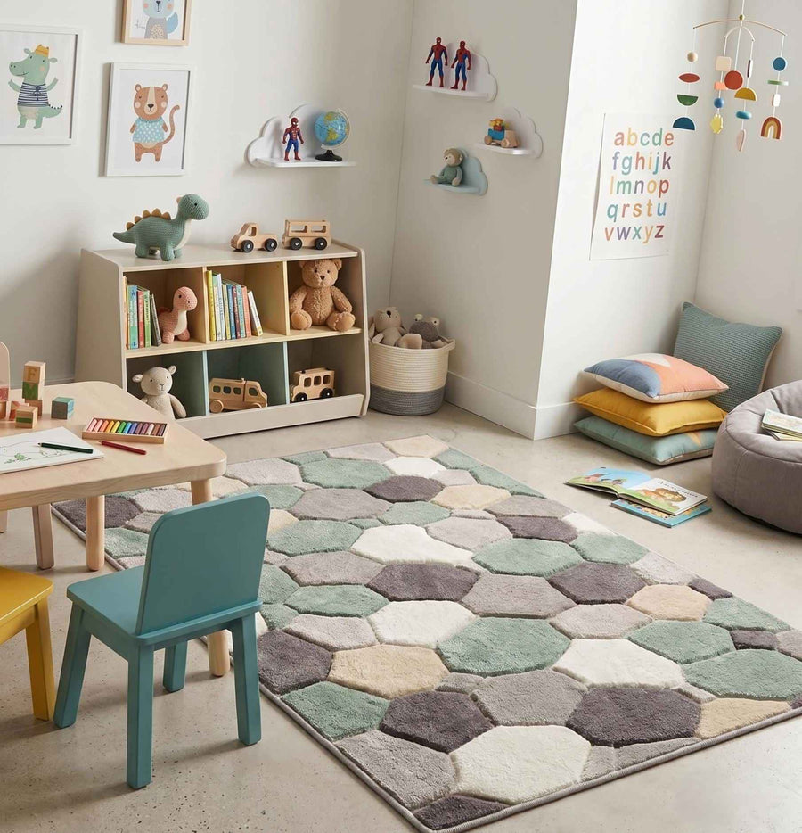 Sage Green Pebble Geometric Wool Rug – Hand Tufted Living Room Rug