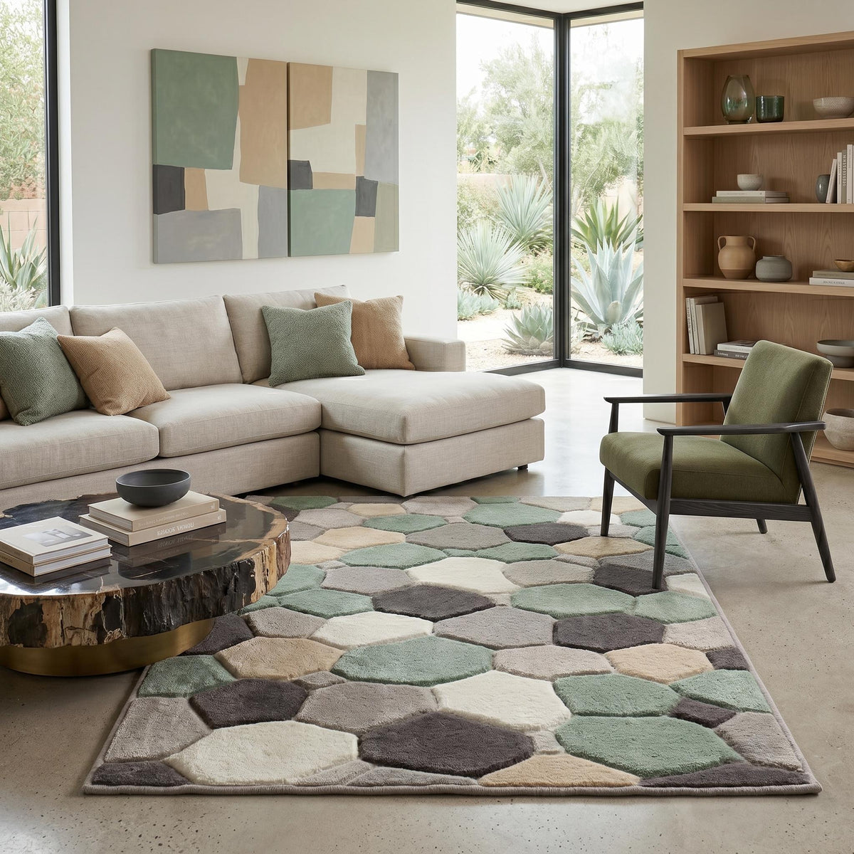 Sage Green Pebble Geometric Wool Rug – Hand Tufted Living Room Rug – image 5