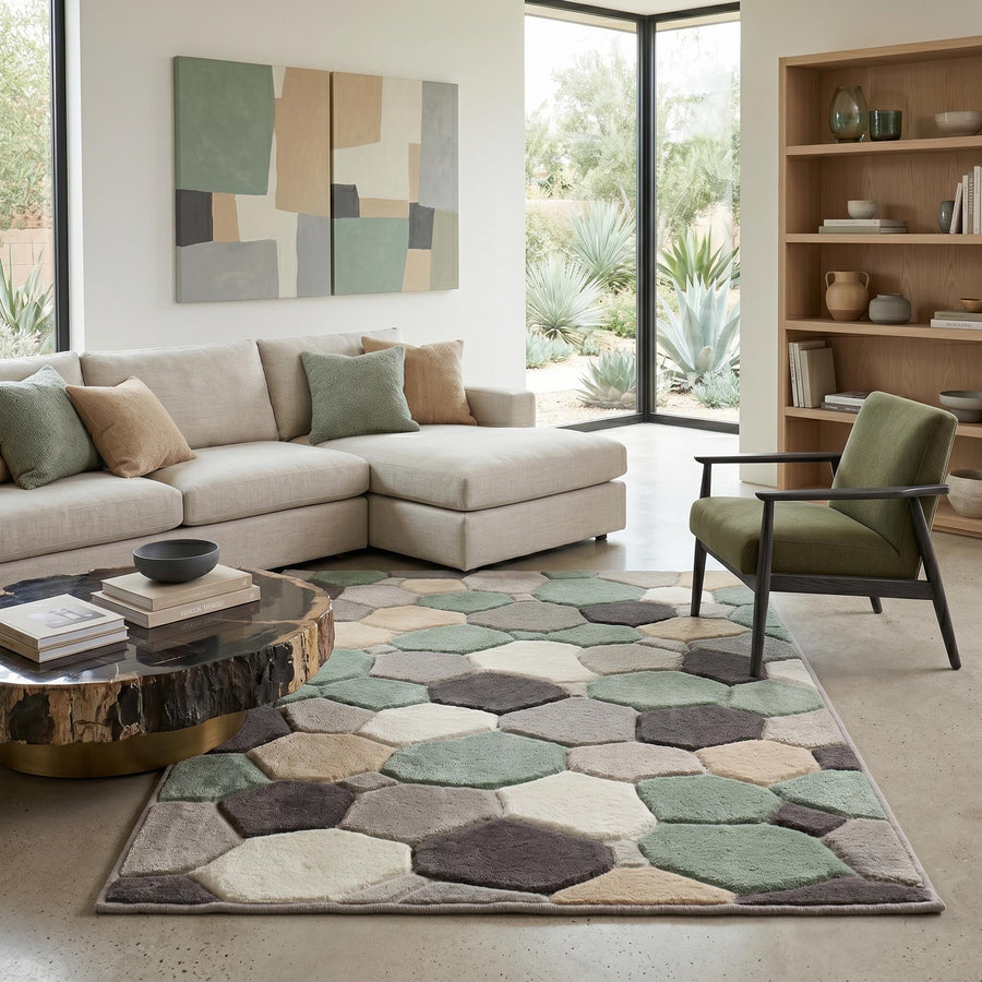 Sage Green Pebble Geometric Wool Rug – Hand Tufted Living Room Rug – image 5