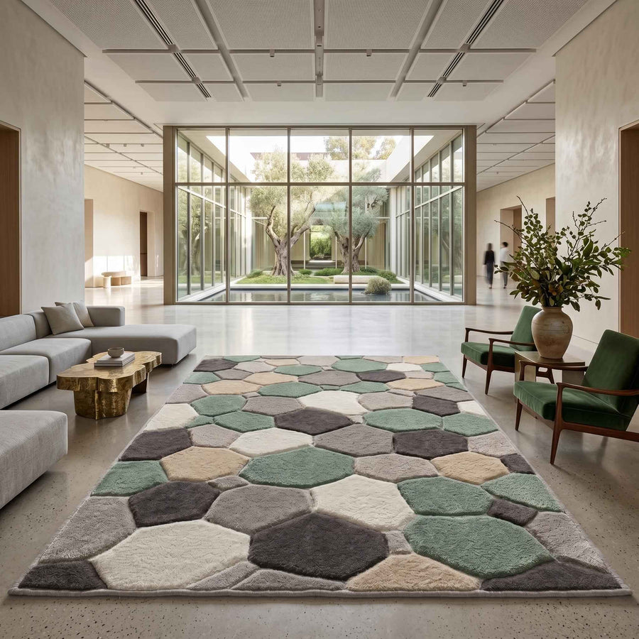 Sage Green Pebble Geometric Wool Rug – Hand Tufted Living Room Rug