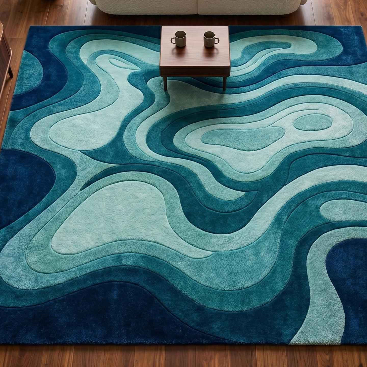 Navy and Teal Ocean Wave Wool Rug – Hand Tufted Coastal Area Rug