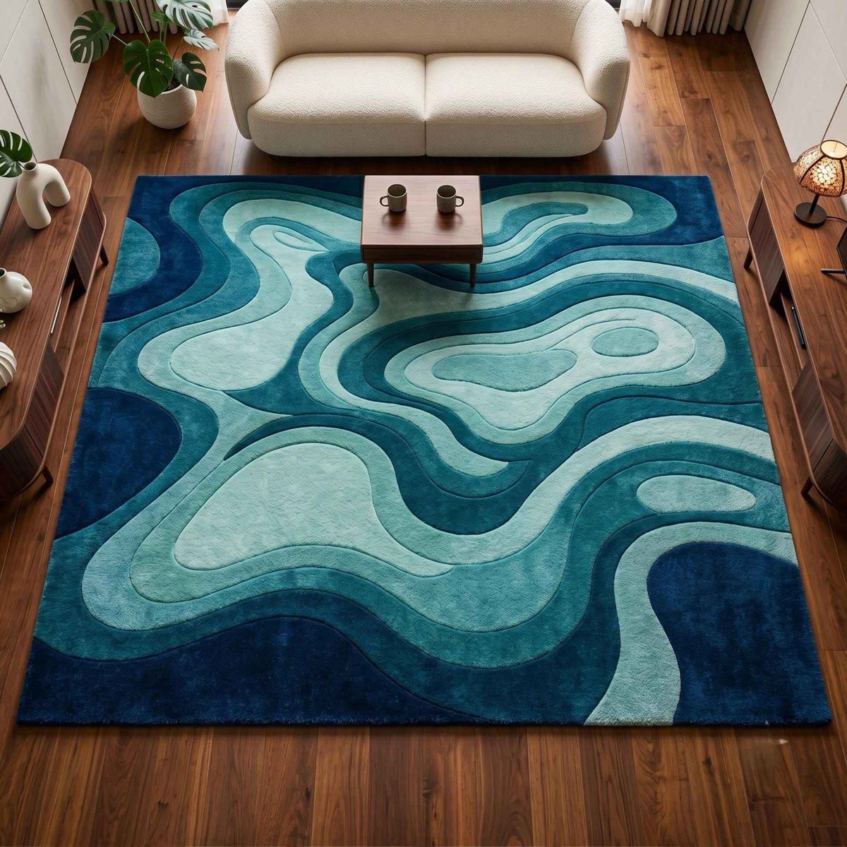 Navy and Teal Ocean Wave Wool Rug – Hand Tufted Coastal Area Rug