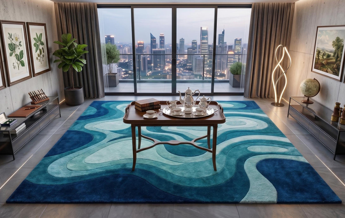 Navy and Teal Ocean Wave Wool Rug – Hand Tufted Coastal Area Rug – image 6