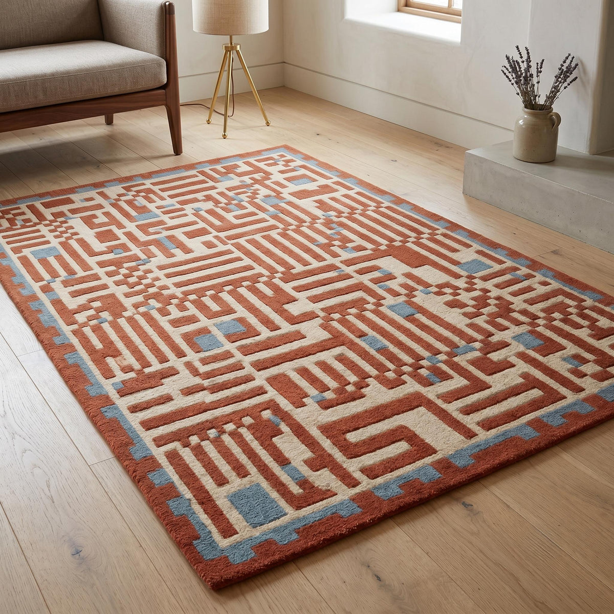Terracotta Geometric Maze Rug – Hand Tufted Mid Century Wool Rug – image 3